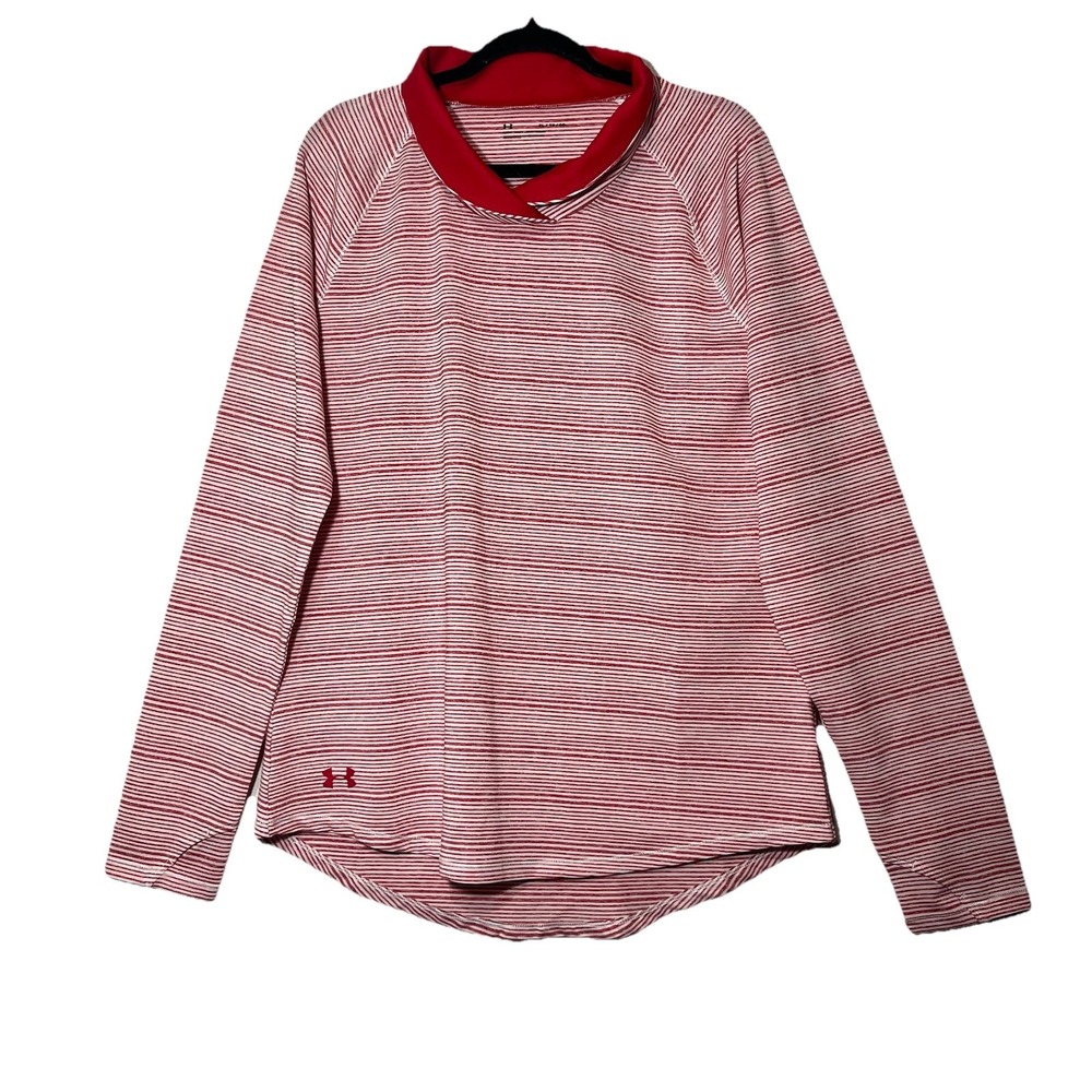 Under Armour Pullover Top Womens XL Red White‎ Striped Funnel Neck Thumbhole XL